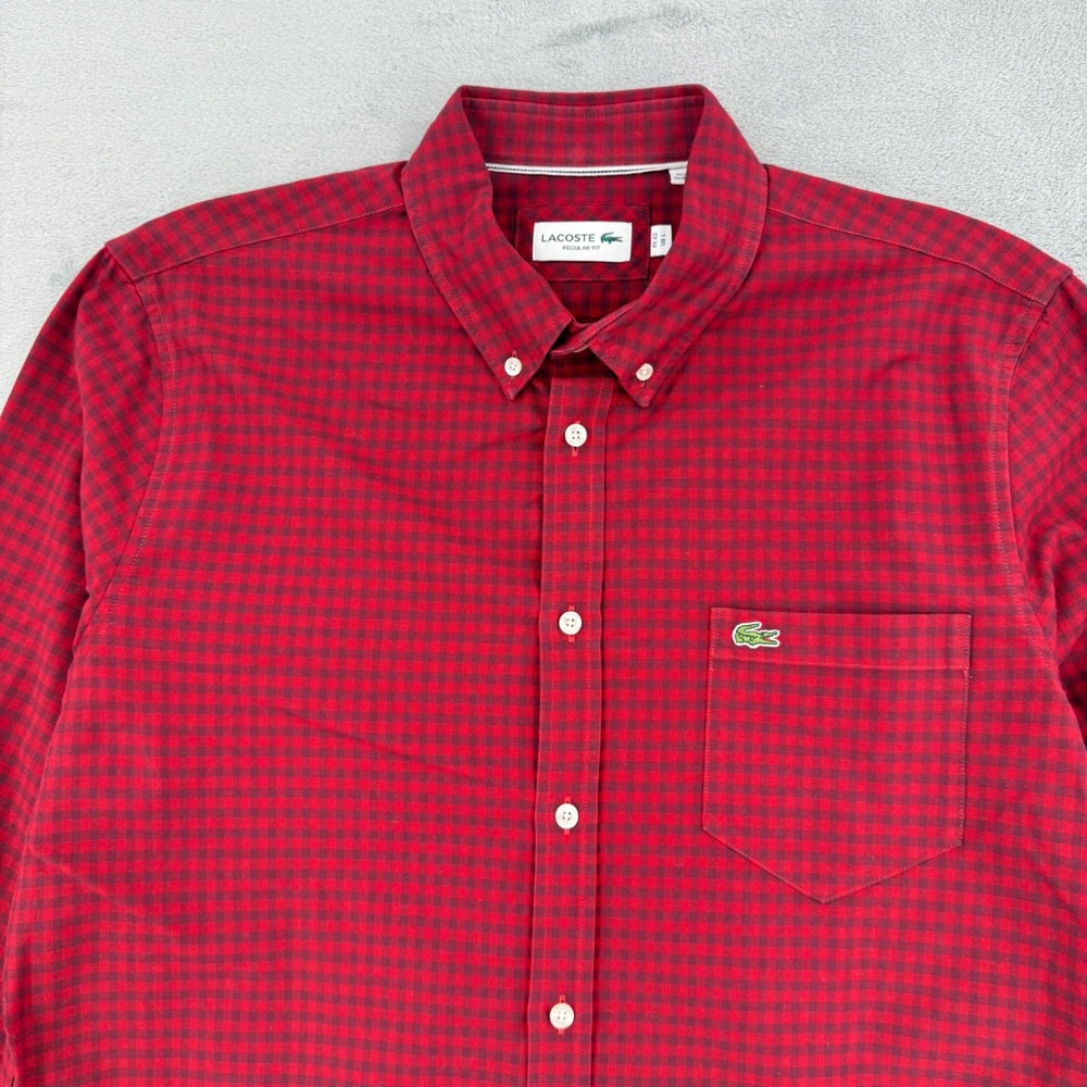 Lacoste Mens Large Regular Fit Gingham Button Down Shirt Red Navy Blue Preppy - Picture 3 of 13